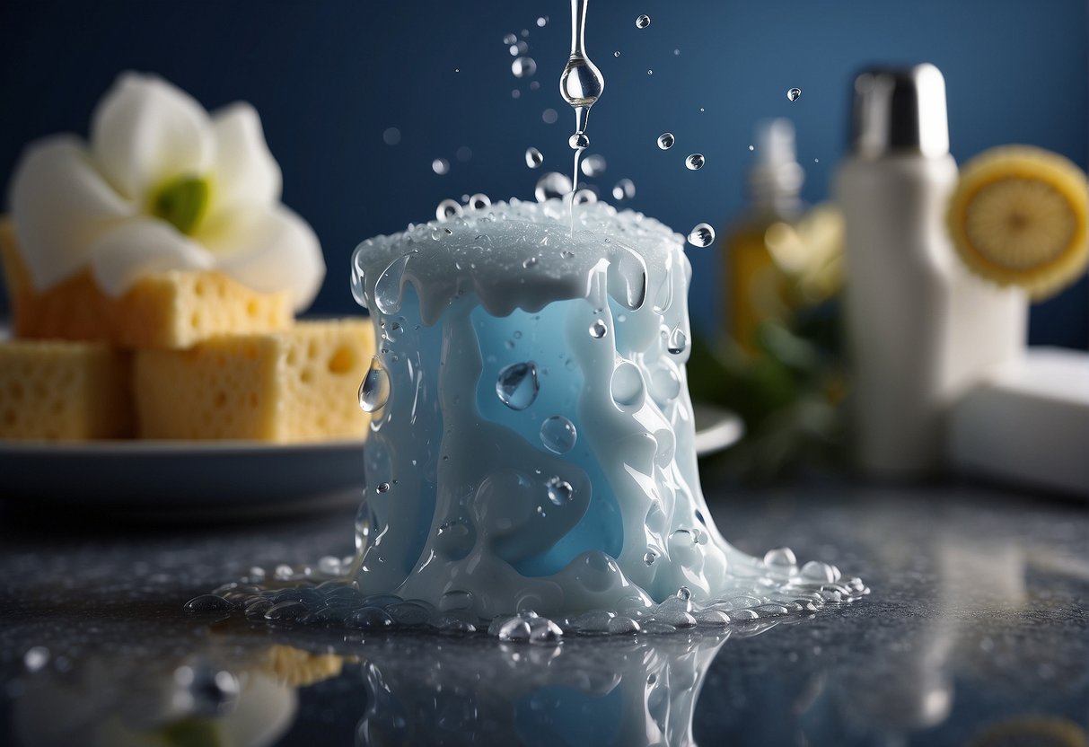 A hand squeezes a bottle of hydrating CeraVe wash cream, lathering it onto a soft sponge. Water droplets splash as the sponge is pressed against a clean, smooth surface