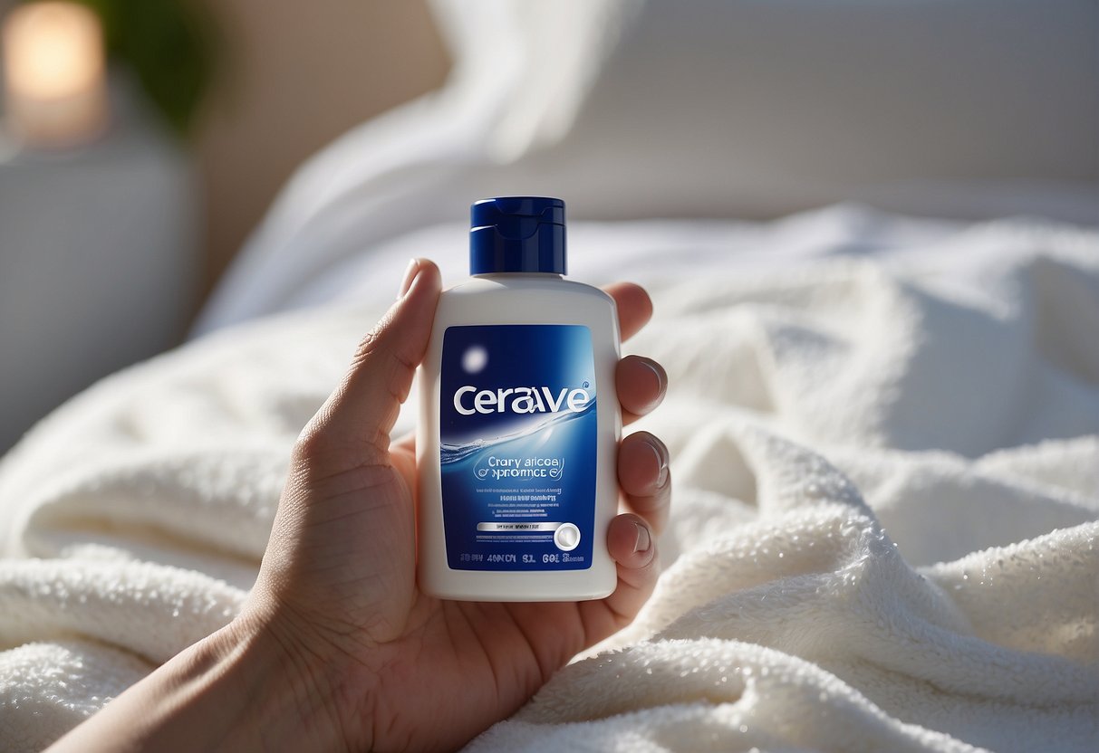 A bottle of CeraVe hydrating cleansing cream surrounded by bubbles and a towel, with a hand reaching out to pick it up