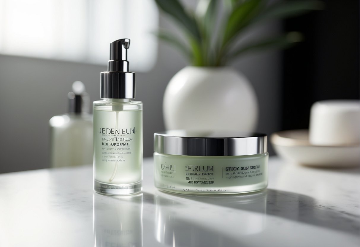 A serum bottle sits next to a jar of moisturizer, both on a clean, white surface. The serum label is visible, while the moisturizer jar is open, ready to be used