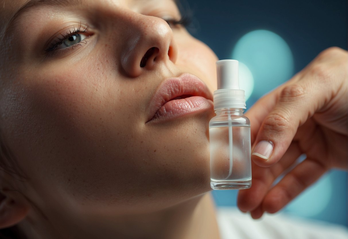 A hand squeezes serum onto a clean, dry face, followed by a gentle application of moisturizer, leaving the skin hydrated and glowing