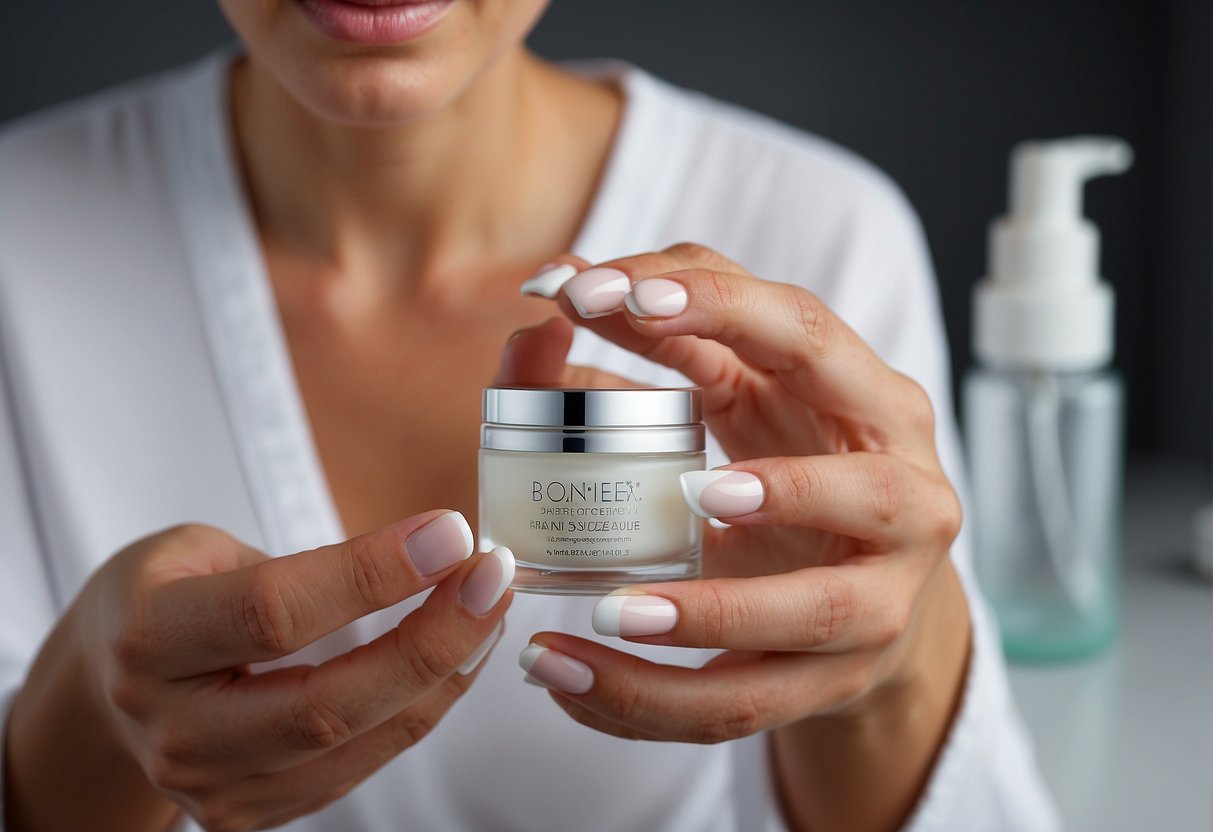 A hand squeezing serum onto a clean face, followed by applying moisturizer in smooth, circular motions