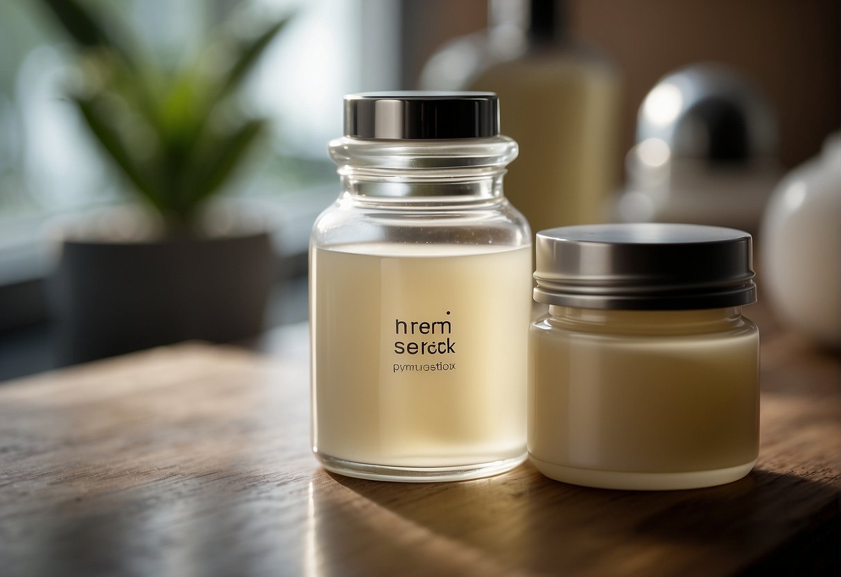 A bottle of serum sits next to a jar of moisturizer, with a question mark hovering above them