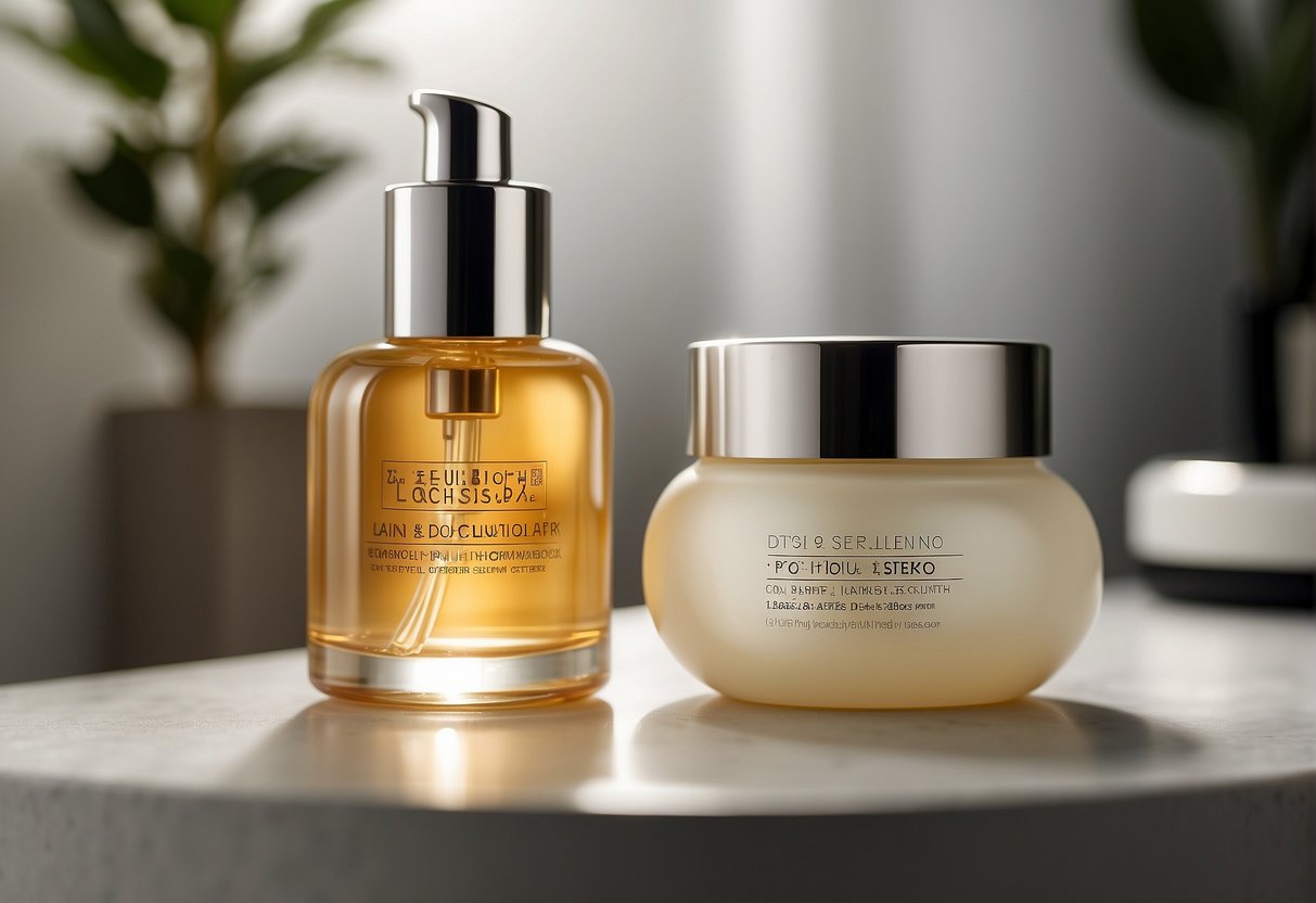 A serum bottle and a moisturizer jar placed side by side on a clean, minimalist vanity table, with soft natural light illuminating the products