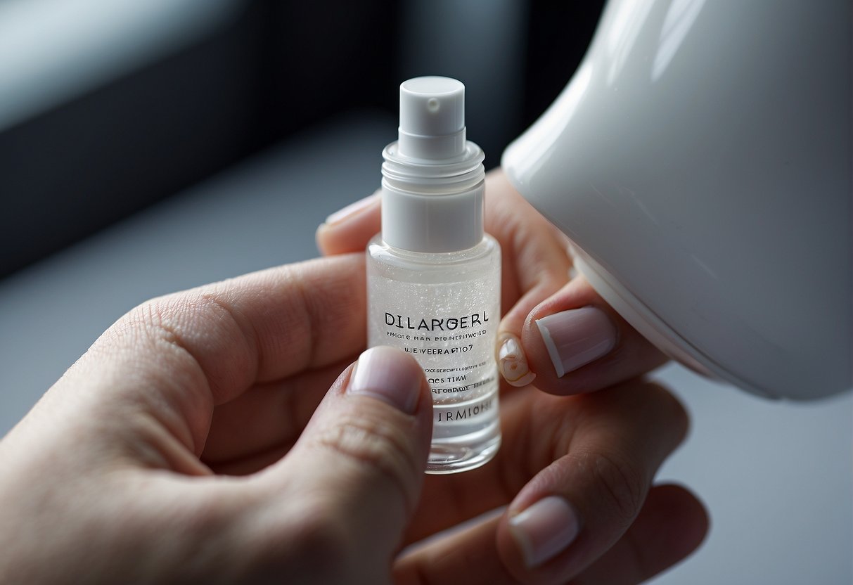 A hand squeezing a small amount of serum onto a clean, smooth surface, followed by a dollop of moisturizer being applied on top