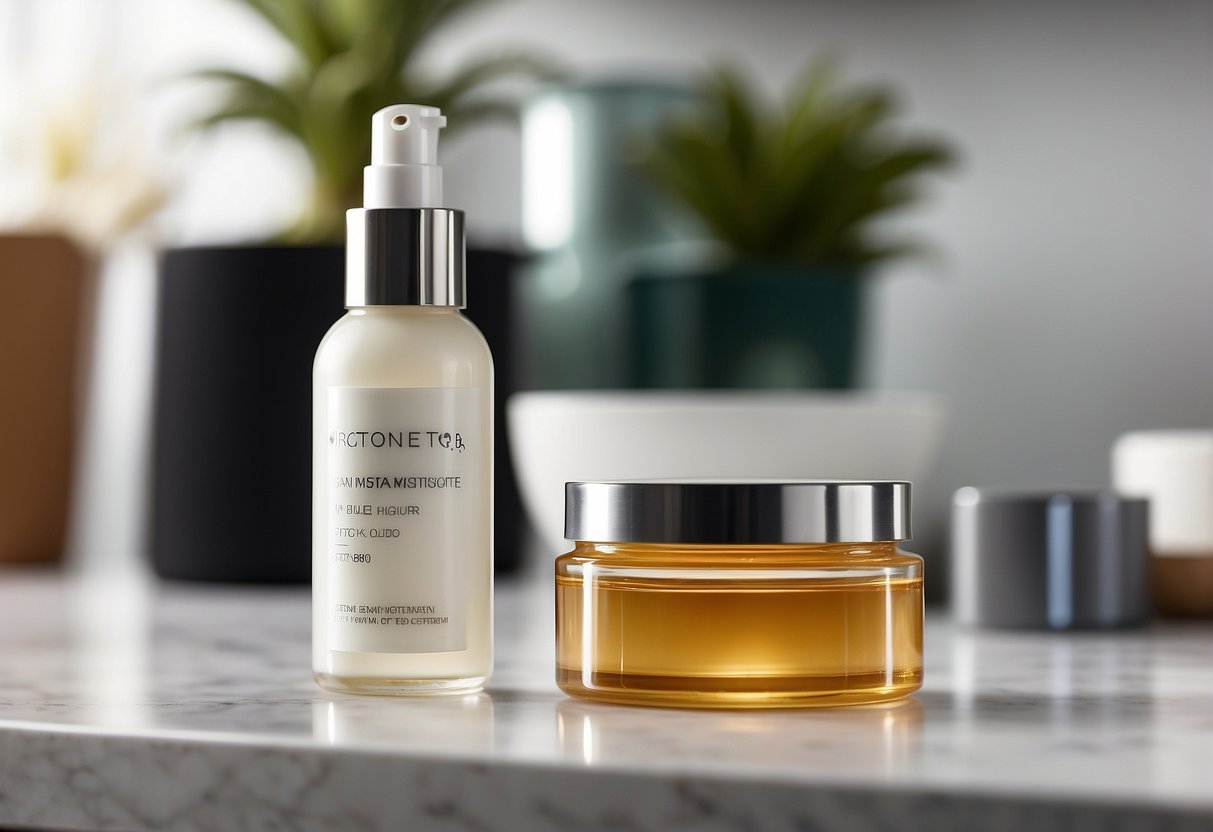A bottle of serum next to a jar of moisturizer on a clean, white countertop with soft, natural lighting