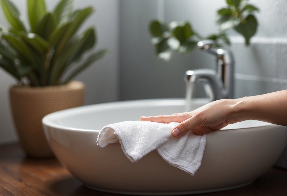 A hand reaching for a bottle of moisturizer on a bathroom counter, with a towel and a potted plant in the background