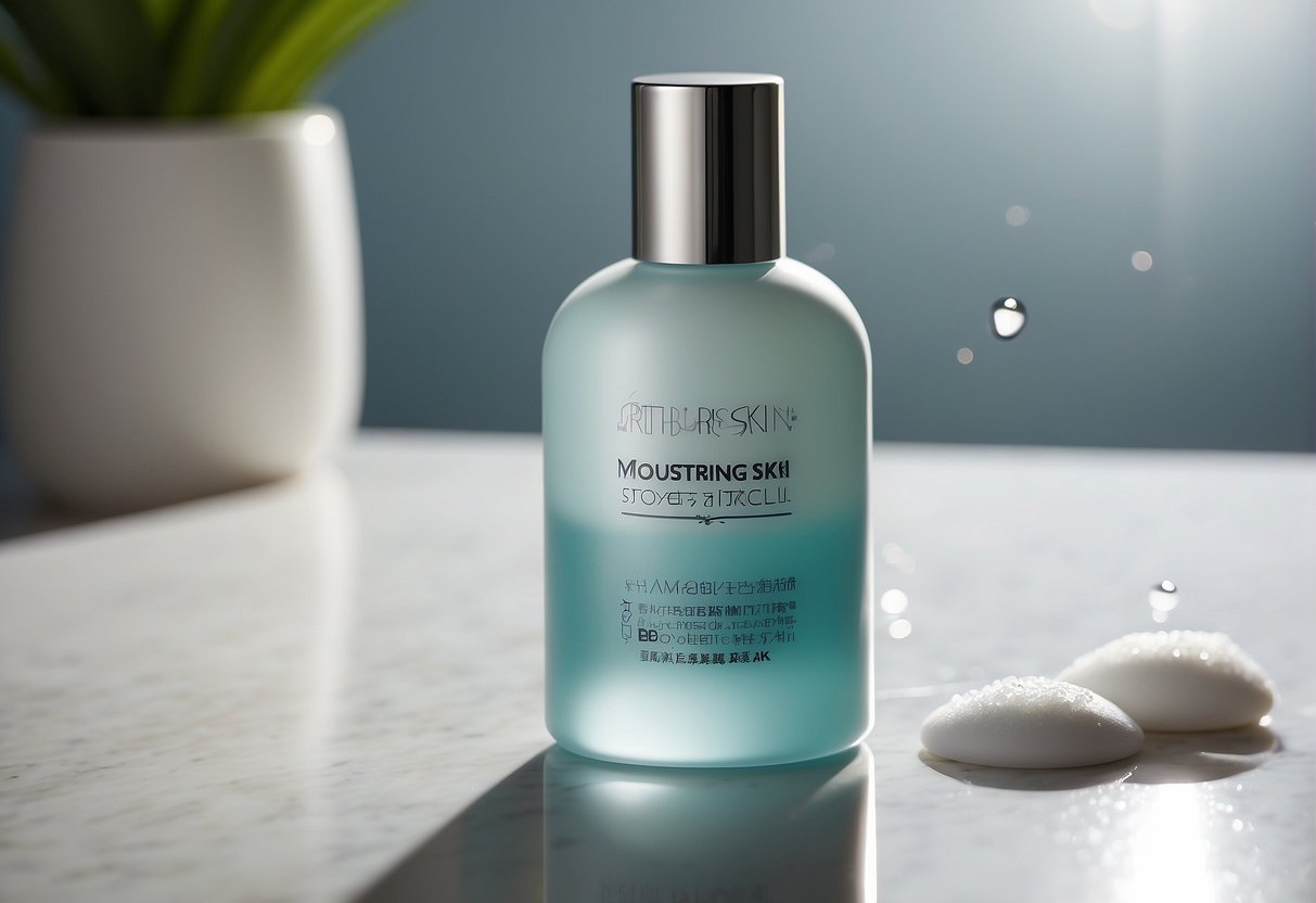 A bottle of moisturizer sits on a bathroom counter, surrounded by drops of water. The label reads "Hydrating Skin Care." A beam of sunlight highlights the product, emphasizing its importance for skin hydration