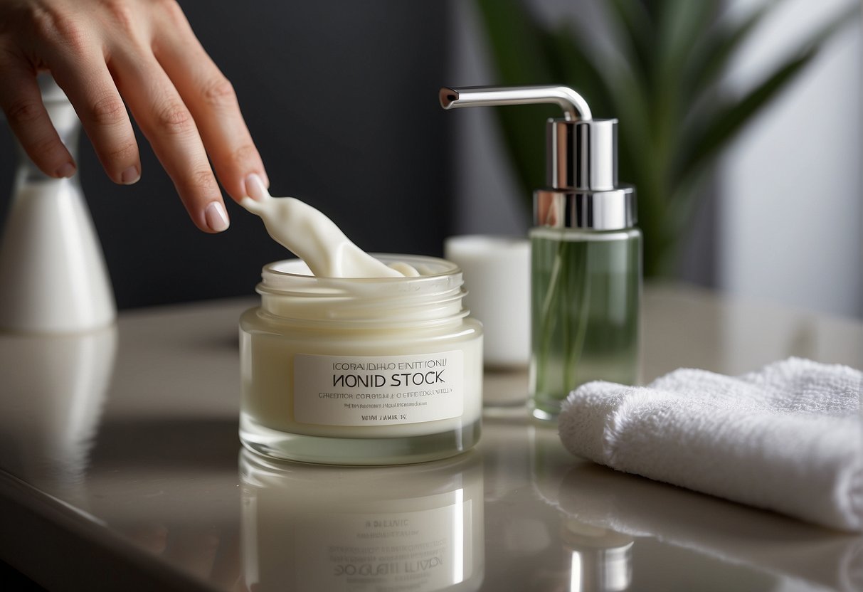 A hand reaches for a personalized moisturizing cream on a bathroom counter, next to a towel and a glass of water