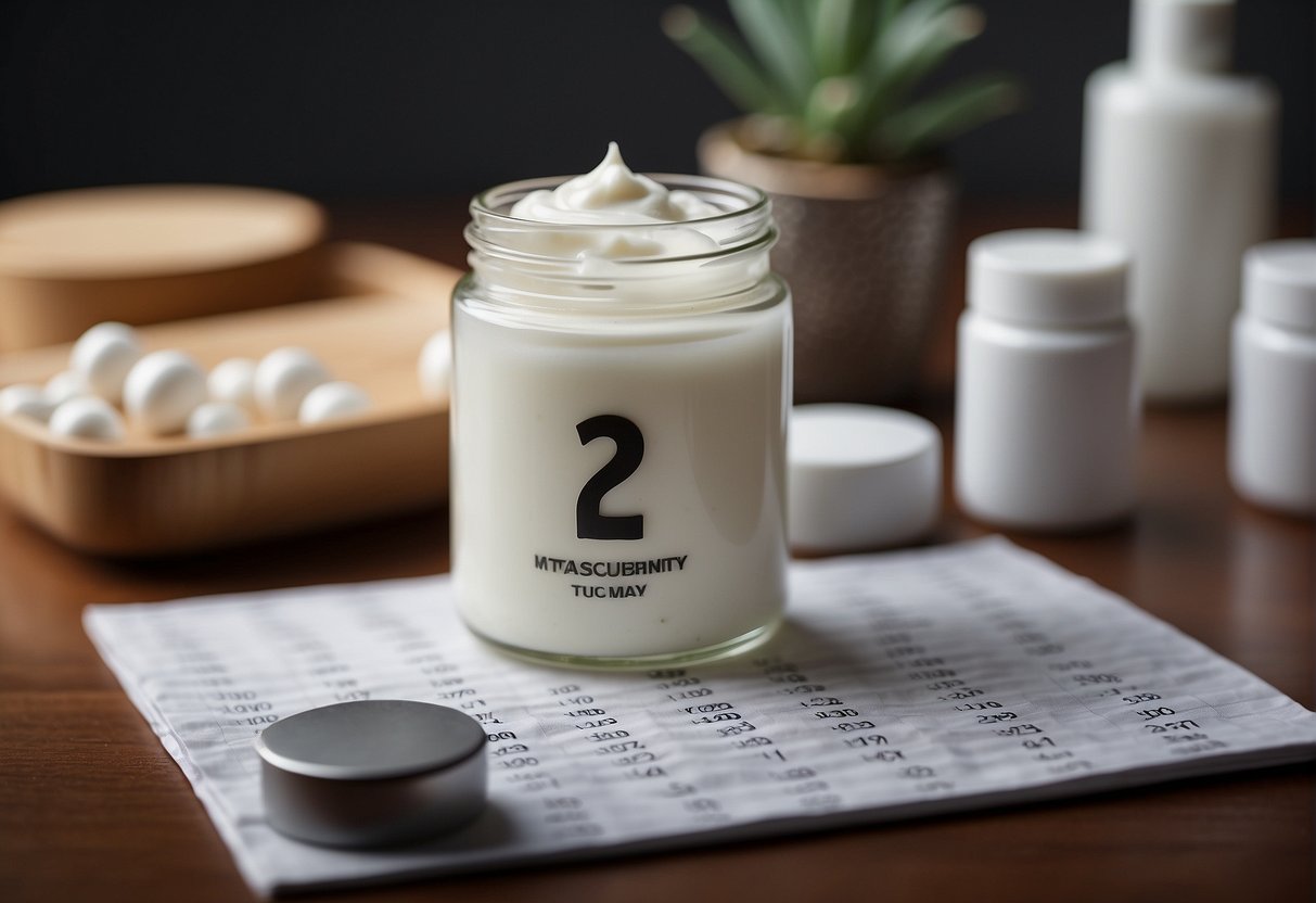 A jar of moisturizer surrounded by question marks and a calendar, indicating uncertainty about when to apply it