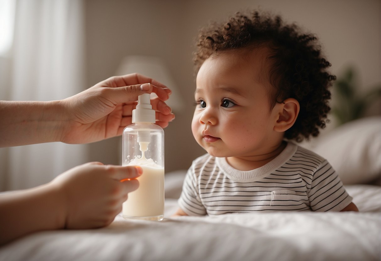 A baby lotion being gently applied to a soft, delicate baby's skin
