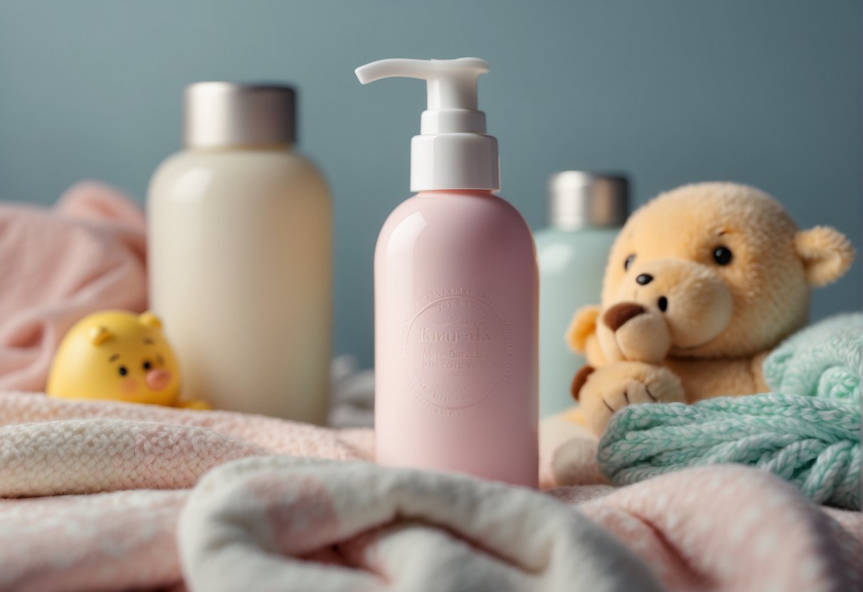 A baby lotion bottle surrounded by soft, pastel-colored baby items like blankets, toys, and diapers. The scene is warm and inviting, with a gentle, nurturing atmosphere