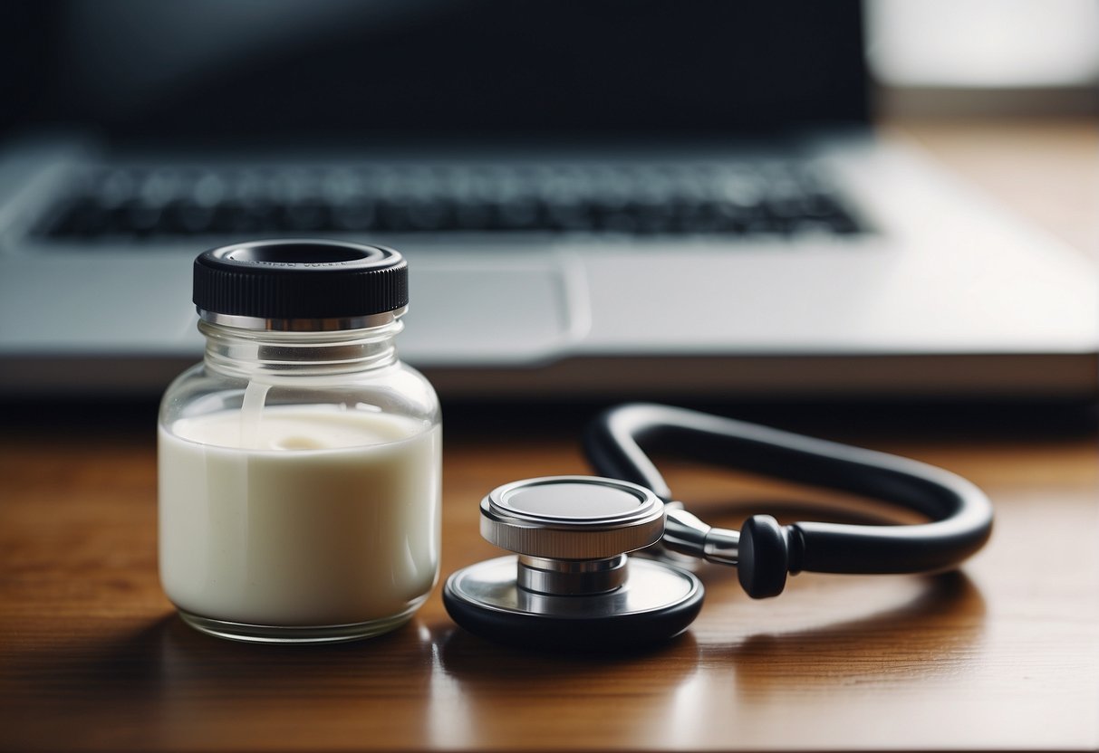 A baby lotion bottle and a stethoscope on a doctor's desk