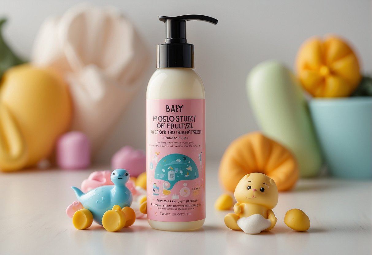 A bottle of baby moisturizer surrounded by colorful, playful baby-themed illustrations and text, with a "Frequently Asked Questions" heading