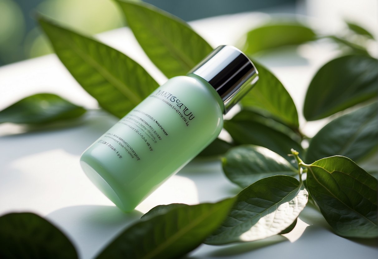 A bottle of mattifying moisturizer on a clean, white surface with a backdrop of fresh green leaves and a soft, natural light illuminating the scene