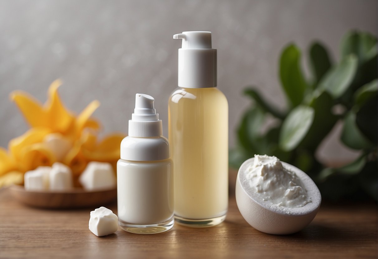A bottle of moisturizer balancing on a surface, with a backdrop of oily skin