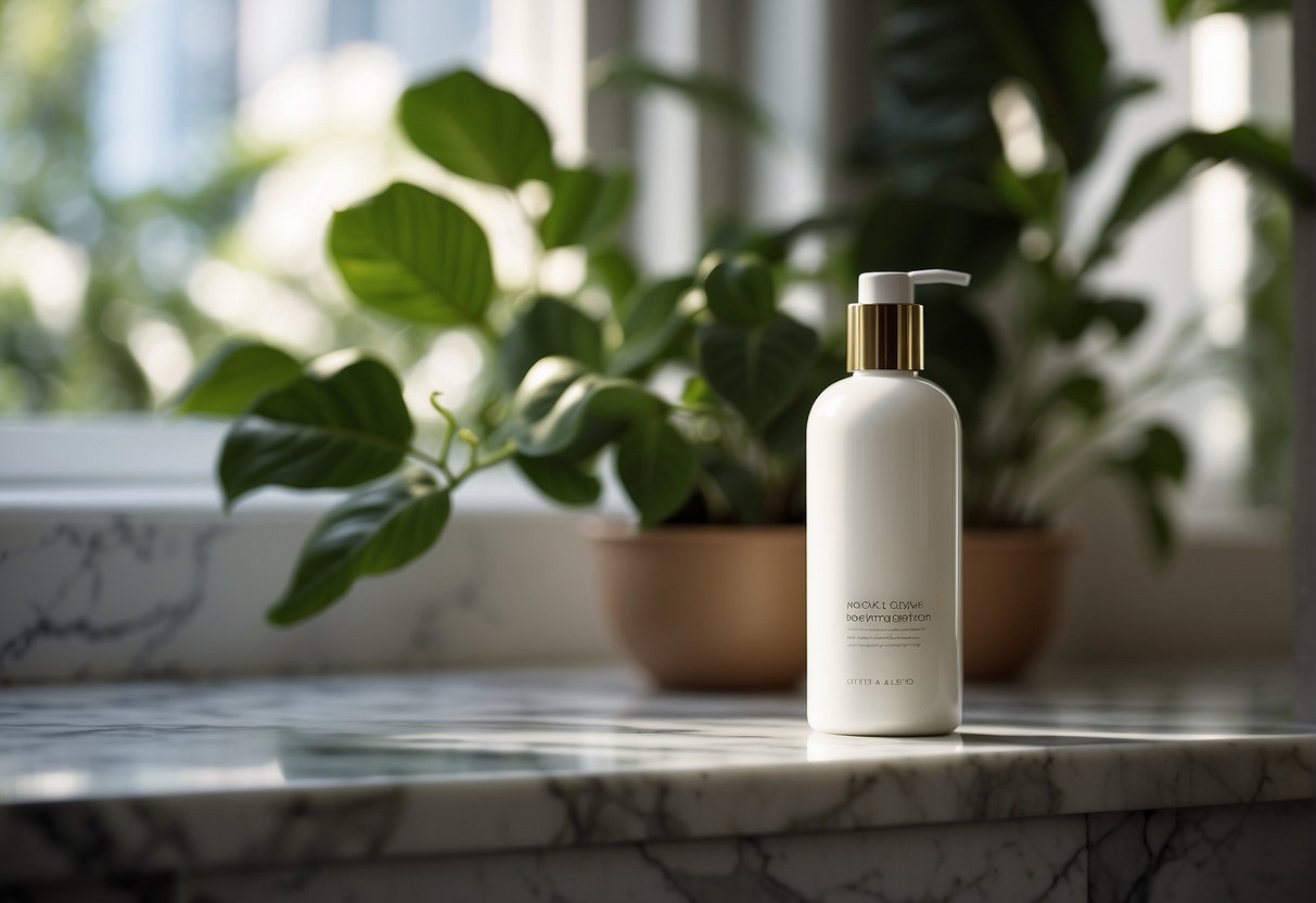 A bottle of body lotion stands on a marble countertop, surrounded by greenery and natural light streaming in through a window