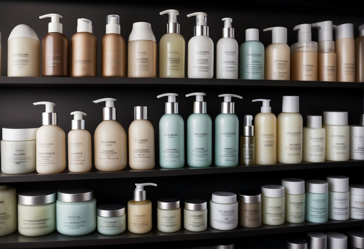 A variety of body moisturizers displayed on a shelf with labels highlighting their hydrating properties