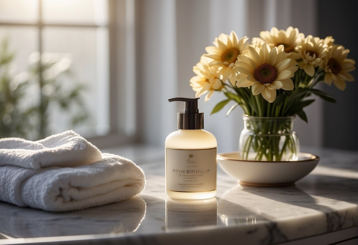 A jar of moisturizer sits on a marble countertop, surrounded by fresh flowers and a plush towel. Rays of sunlight stream in through a nearby window, casting a warm glow on the scene