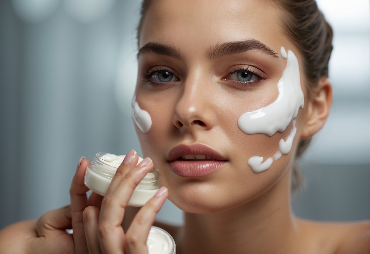 A woman's face being gently moisturized with a hydrating cream