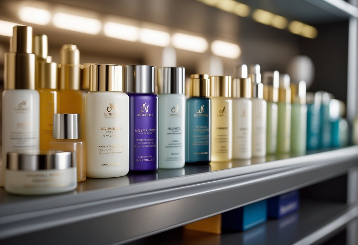 A variety of moisturizers lined up on a shelf, each with different labels and packaging, representing the choice of the ideal hydrating cream for the face
