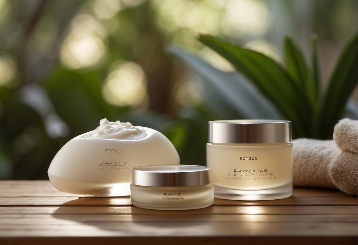 A serene spa setting with various hydrating creams on a clean, organized table. Soft lighting and a peaceful ambiance create a soothing atmosphere for facial care