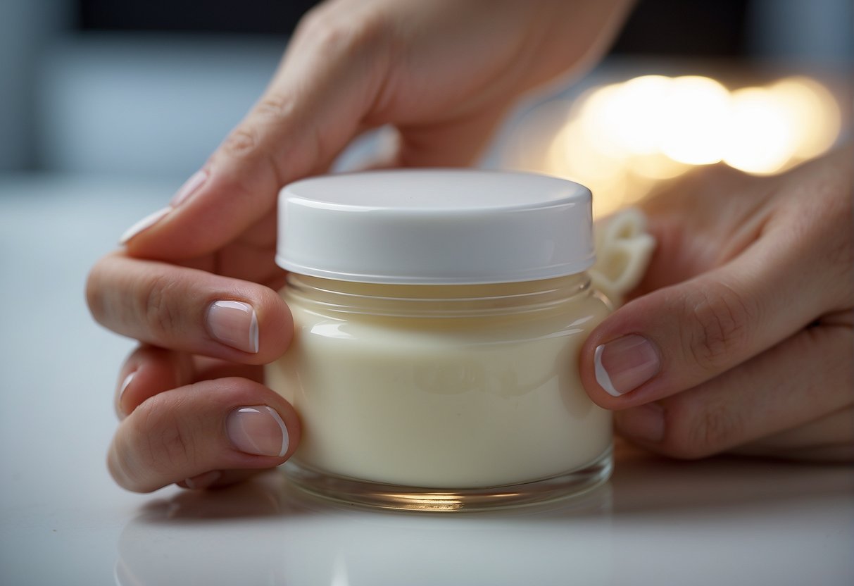 A tube of foot cream being gently squeezed onto a pair of dry, cracked feet, with a soft, moisturizing lotion being rubbed in to hydrate the skin