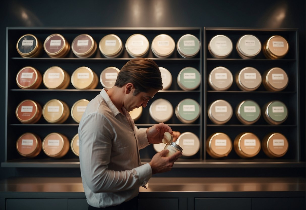 A person selecting a foot cream from various options on a shelf