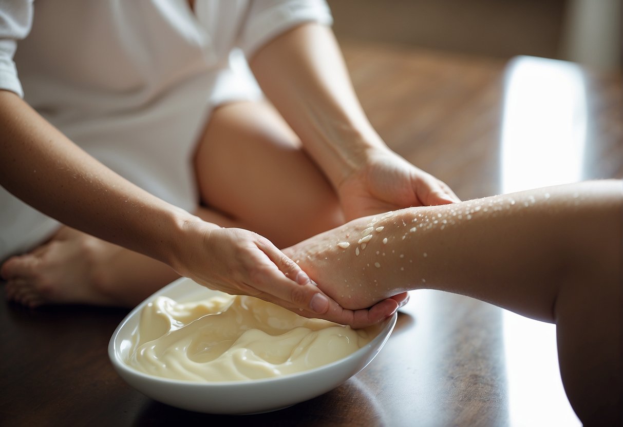 A person applying moisturizing cream to their feet as part of their daily foot care routine