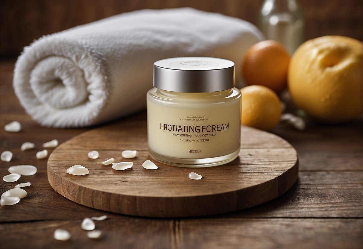 A jar of foot cream with a label reading "Hydrating Foot Cream" placed on a wooden surface with a soft towel in the background