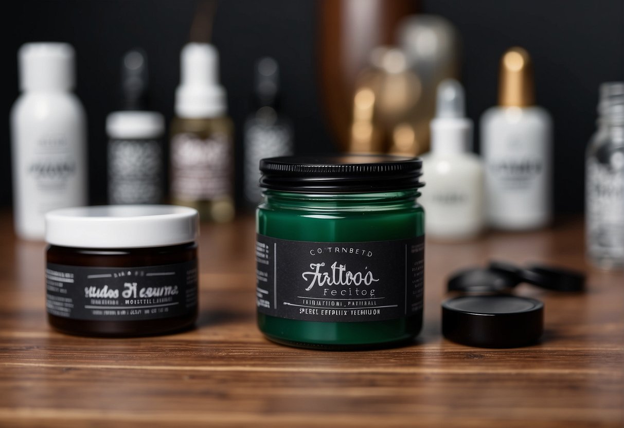 A hand reaching for a jar of tattoo moisturizer on a clean, minimalist table, with a tattoo machine and ink bottles in the background