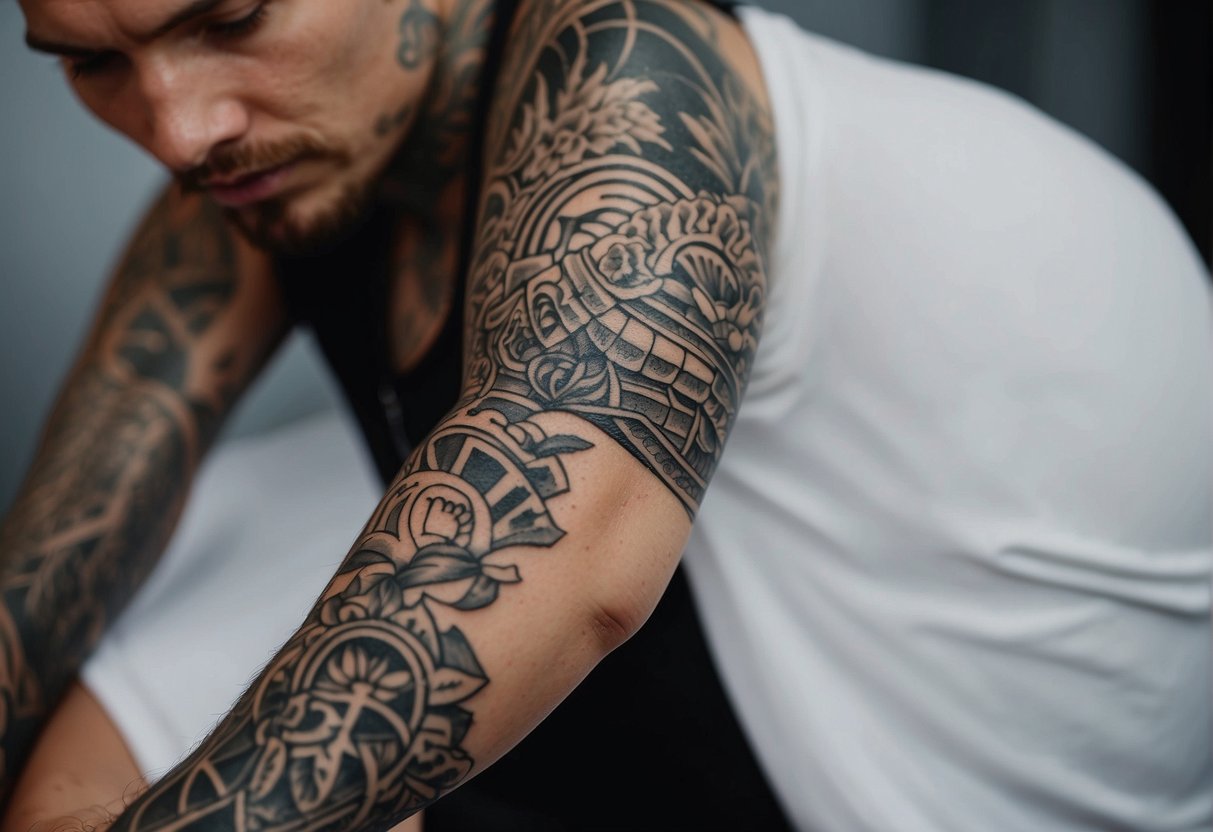 A tattooed arm is shown being gently moisturized with a specialized cream, emphasizing the importance of post-tattoo care and hydration