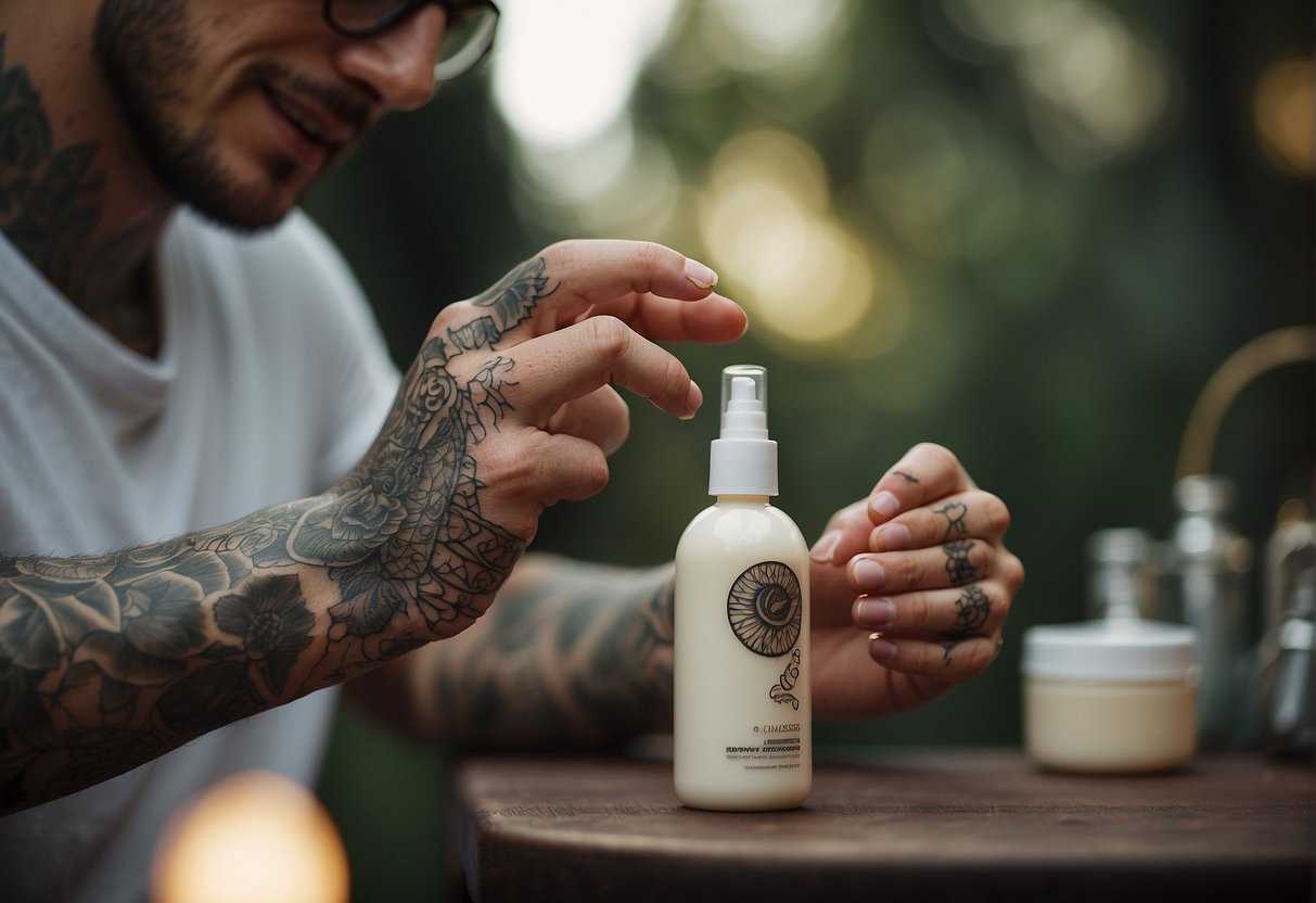 A tattooed arm reaching for a bottle of moisturizing cream, with a question mark hovering above it
