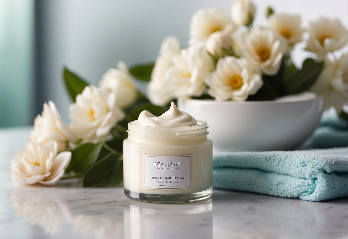 A jar of moisturizing cream on a clean, white countertop, surrounded by fresh flowers and a soft, pastel-colored towel