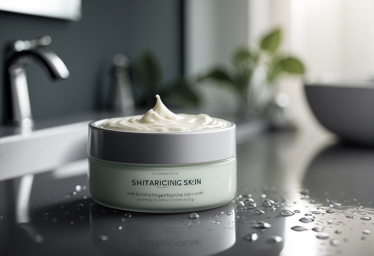 A bottle of moisturizing cream sits on a bathroom counter, surrounded by droplets of water. The label reads "Hydrating Skin Cream" in bold letters