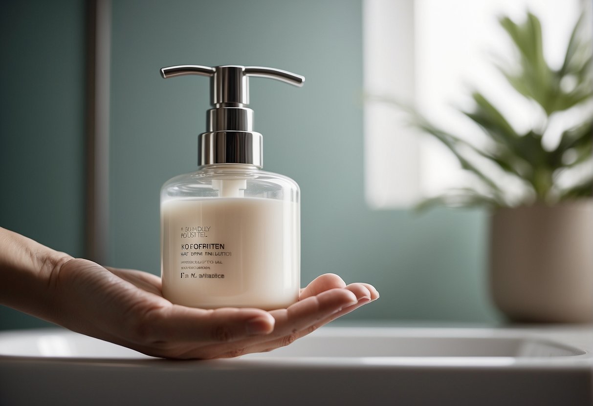 A hand reaching for a jar of moisturizer on a bathroom countertop, with soft lighting and a clean, minimalist background