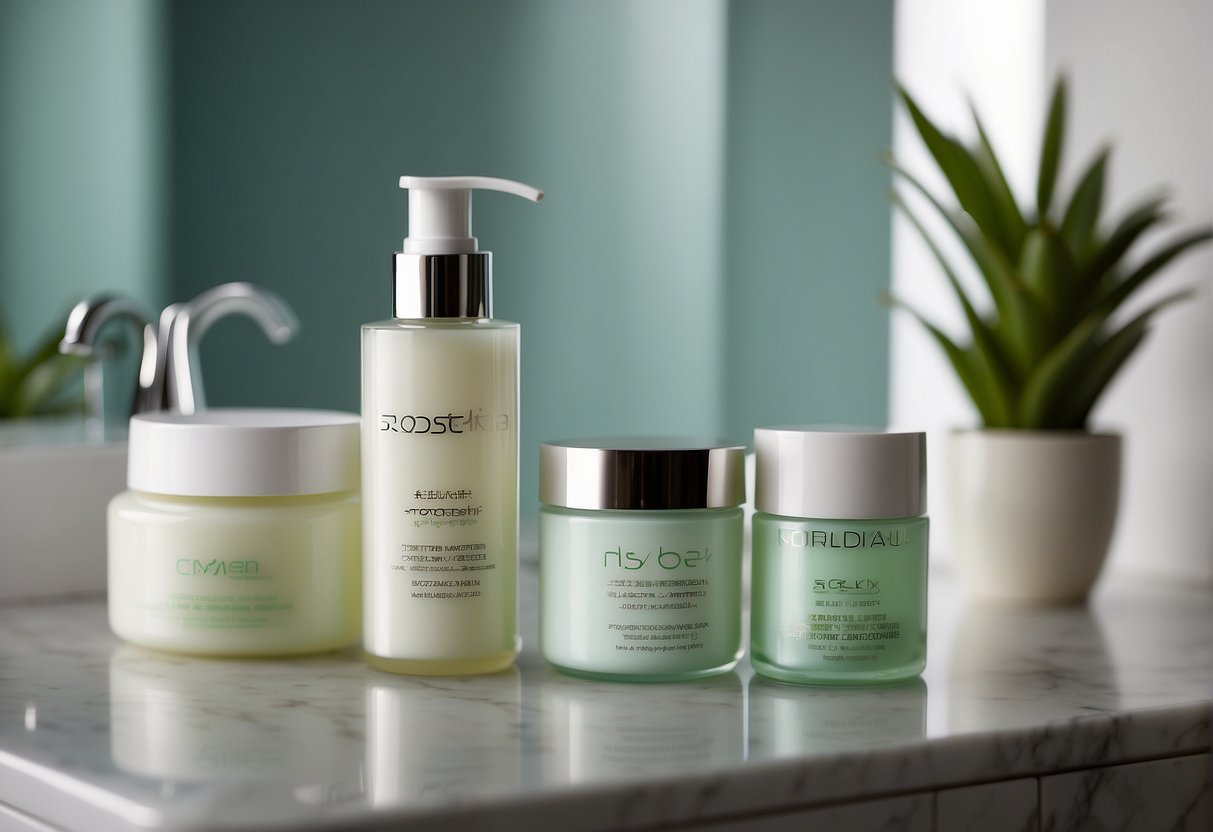 A jar of moisturizer surrounded by various skincare products on a bathroom counter