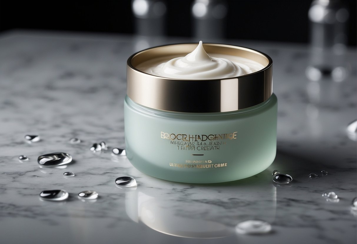 A jar of face cream sits on a marble countertop, surrounded by droplets of water. The label reads "ultra-hydrating" in elegant script