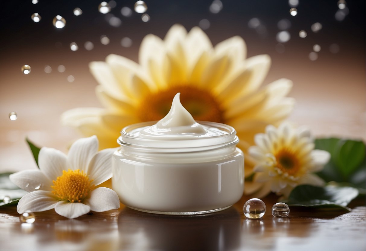 A jar of moisturizing cream surrounded by droplets of water, with a soft and radiant glow emanating from it