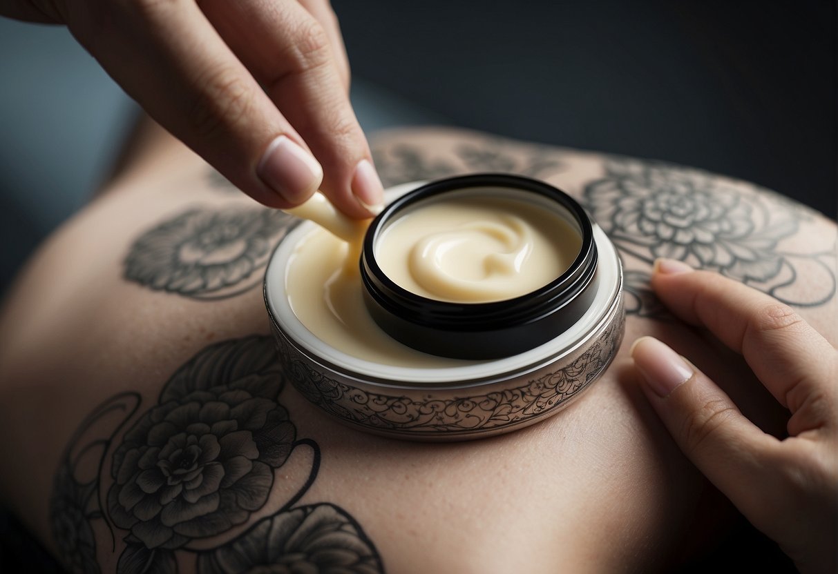 A tattooed area being gently moisturized with a cream