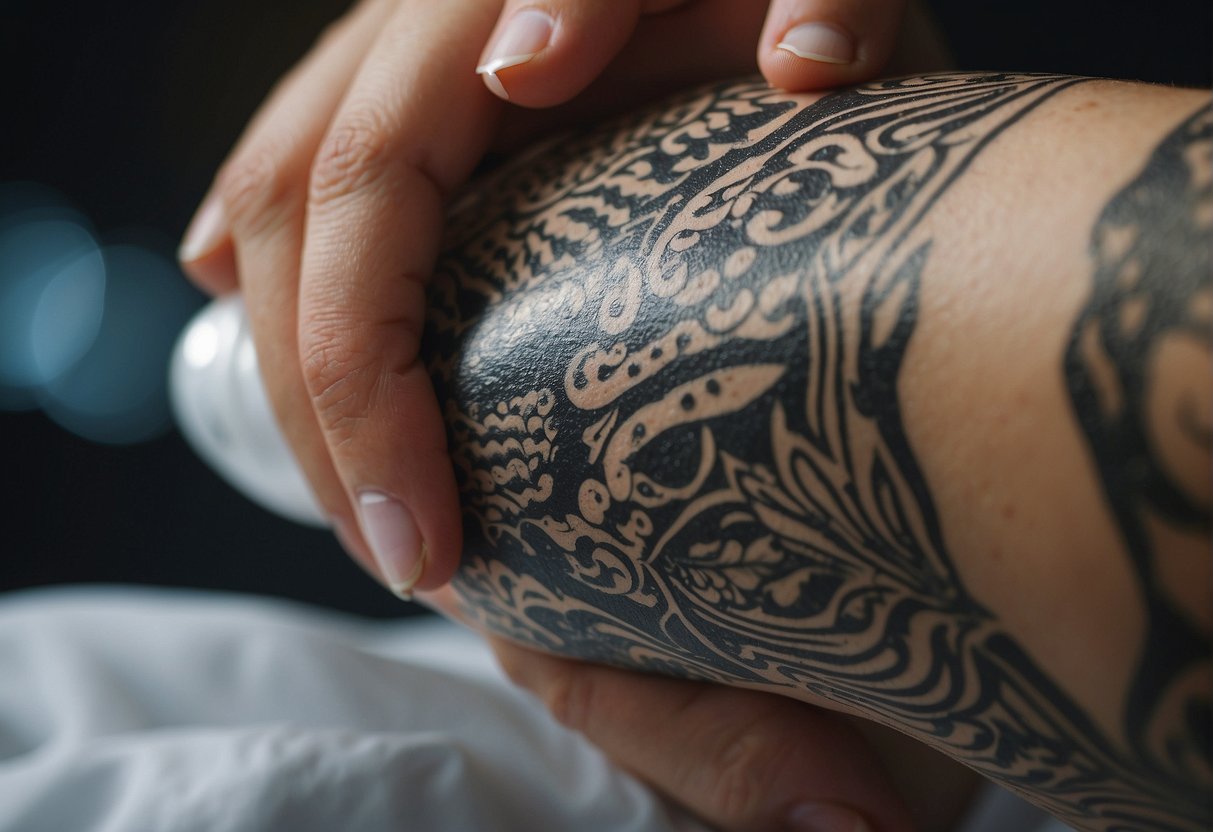 A freshly tattooed area being gently moisturized with cream