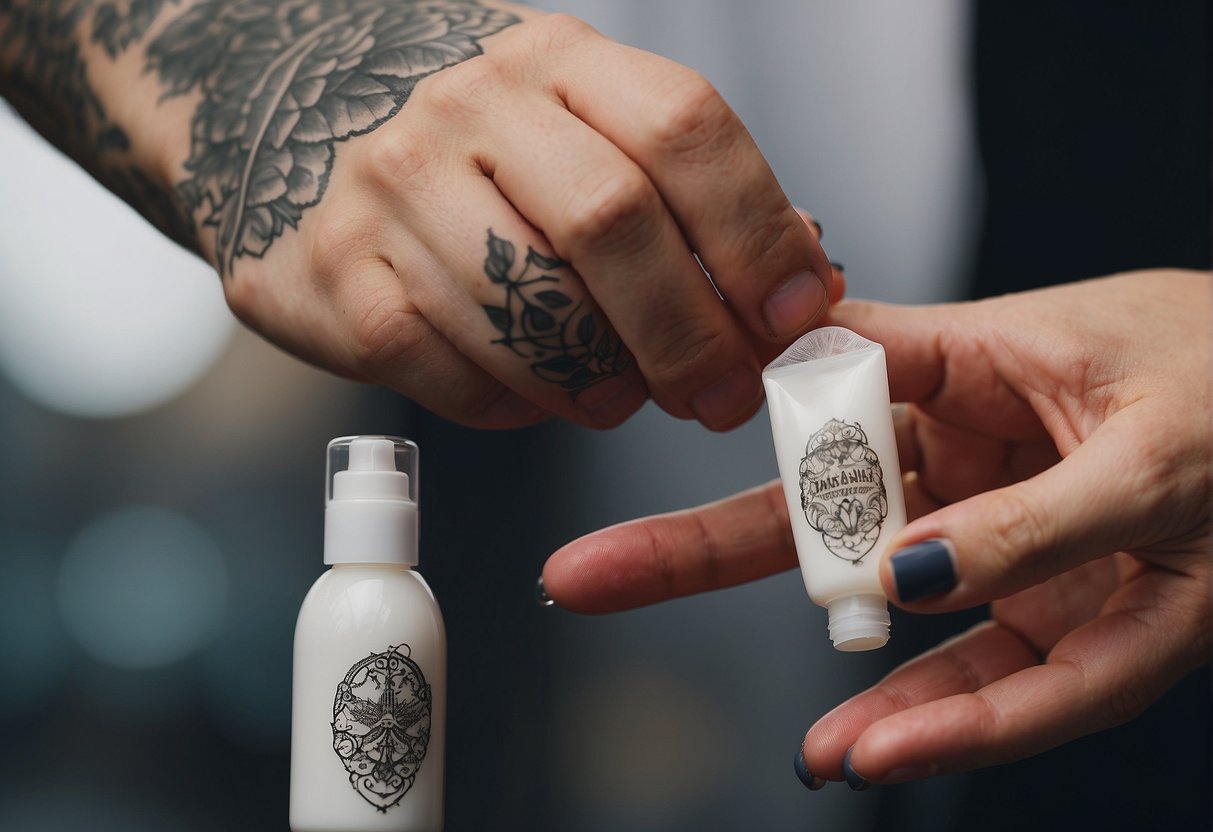 A hand reaching for a tattooed area with a tube of moisturizer nearby