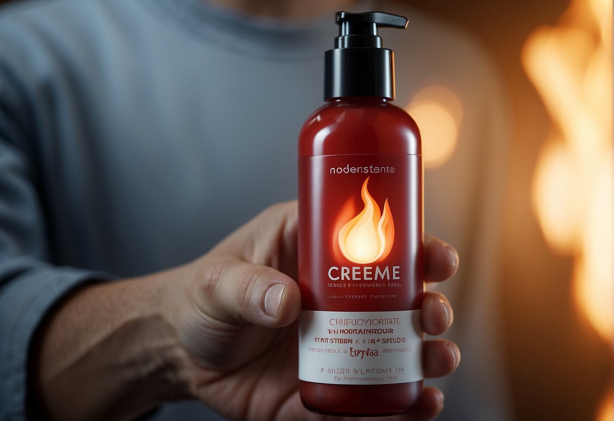 A hand holding a bottle of moisturizer, with red, irritated skin. The bottle is labeled "creme hydratante" and there are flames surrounding the hand