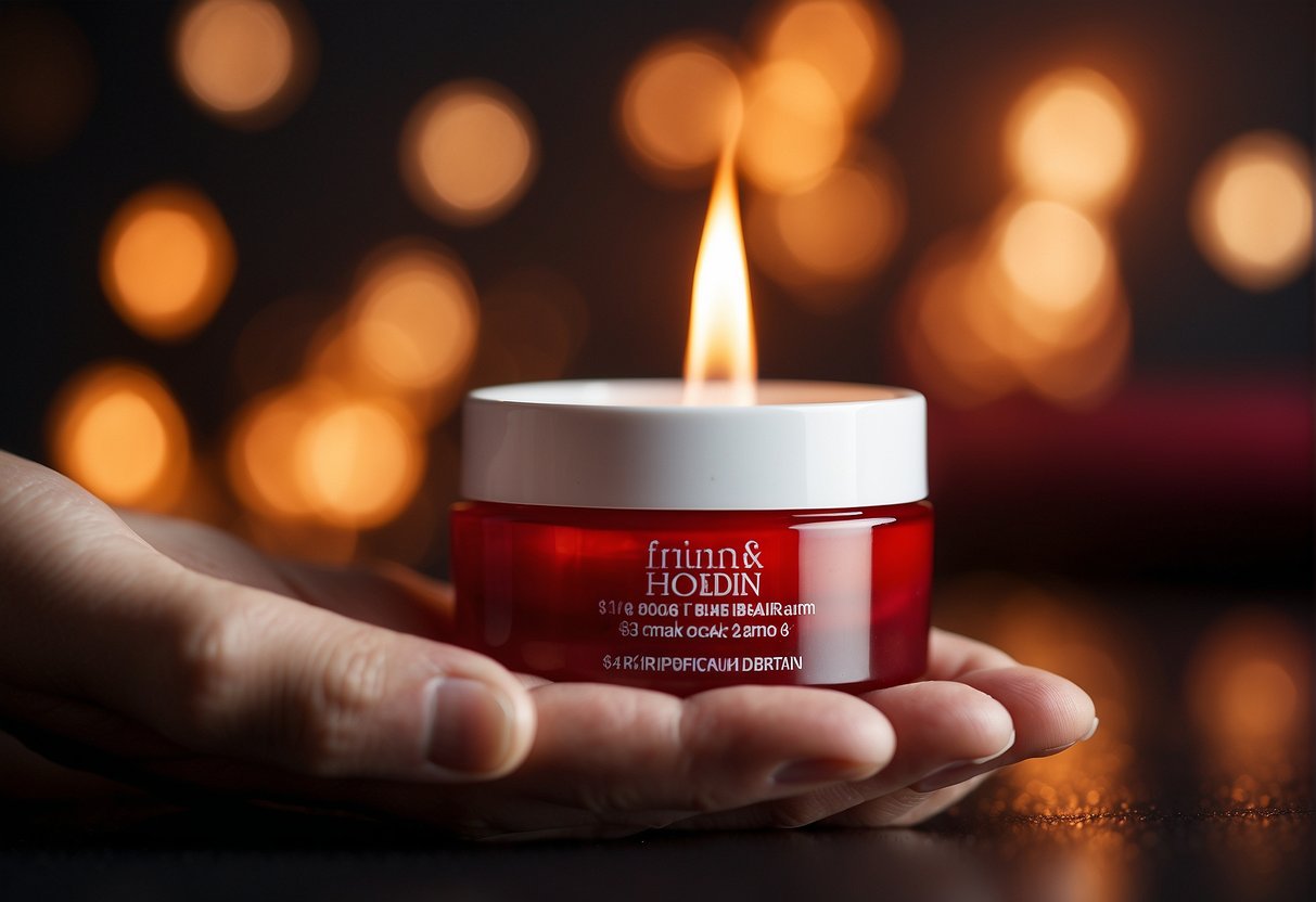 A hand holding a burning skin cream with red, irritated skin in the background