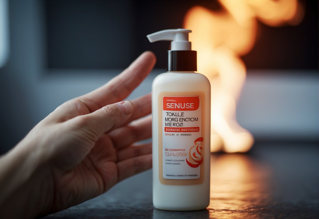 A bottle of moisturizer causing a burning sensation on the skin, with a red and irritated patch visible