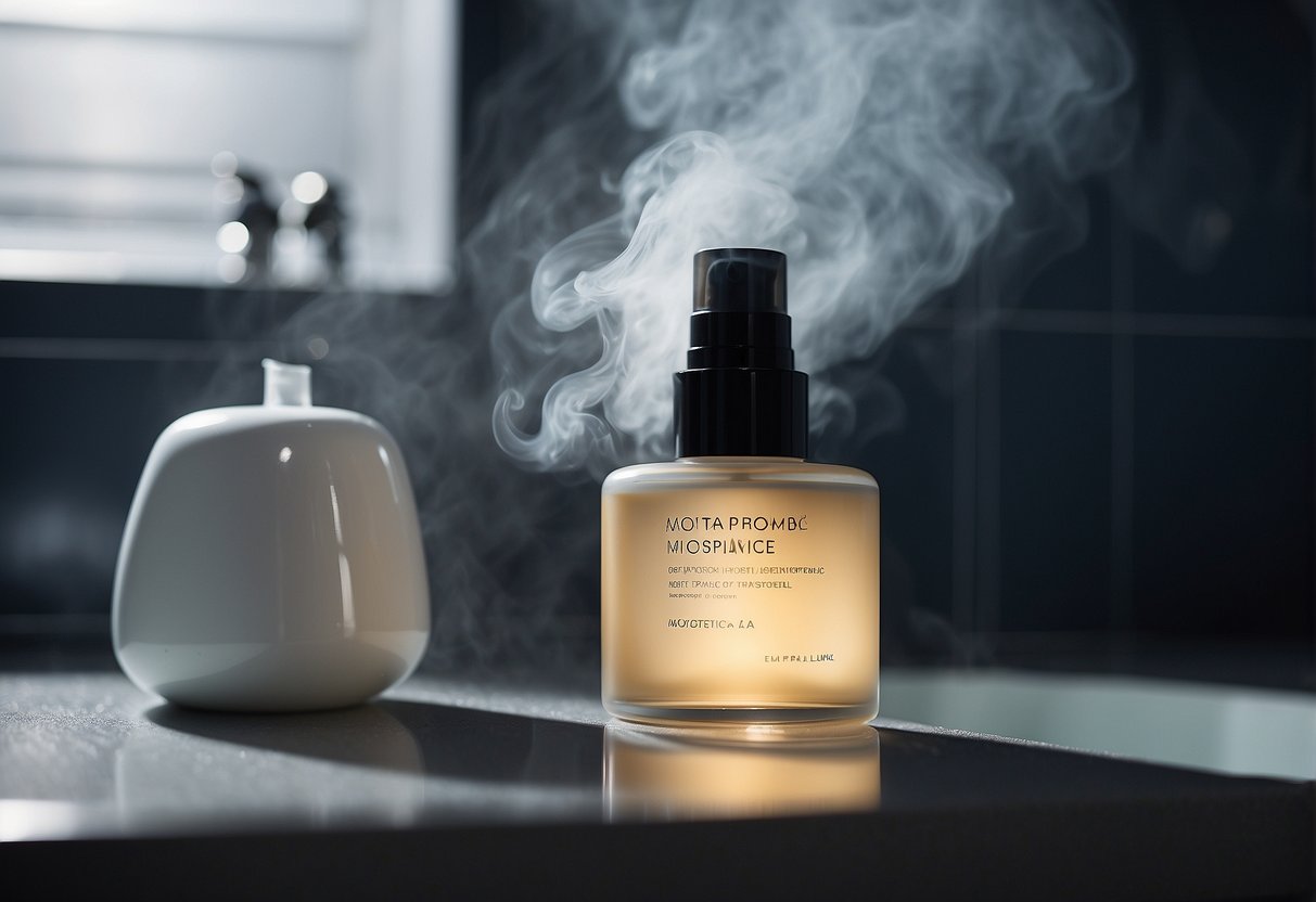 A bottle of moisturizer sits on a bathroom counter, emitting a small wisp of smoke as it burns the skin