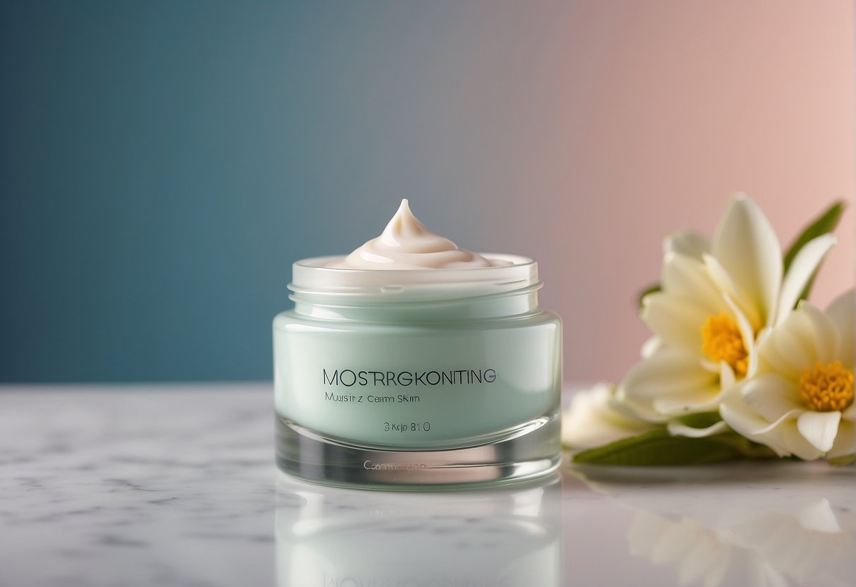A bottle of moisturizing cream for acne-prone skin sits on a clean, white countertop with a soft, pastel-colored background
