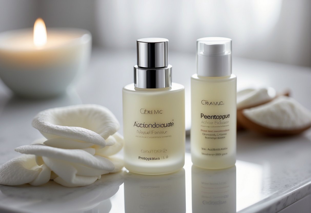 A tube of moisturizer labeled "Crème Hydratante pour Peau Acnéique" sits on a clean, white countertop next to a bottle of acne treatment. A few drops of the moisturizer are squeezed out onto the back of