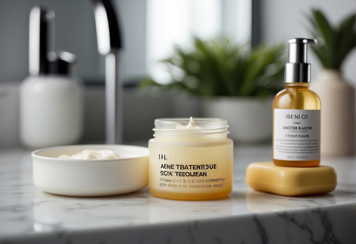 A tube of acne treatment cream sits next to a bottle of moisturizer on a bathroom counter, with a background of clean, white tiles