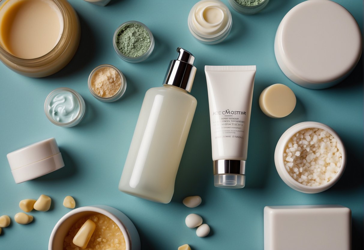 A tube of acne moisturizer surrounded by various skincare products and a background of acne-prone skin