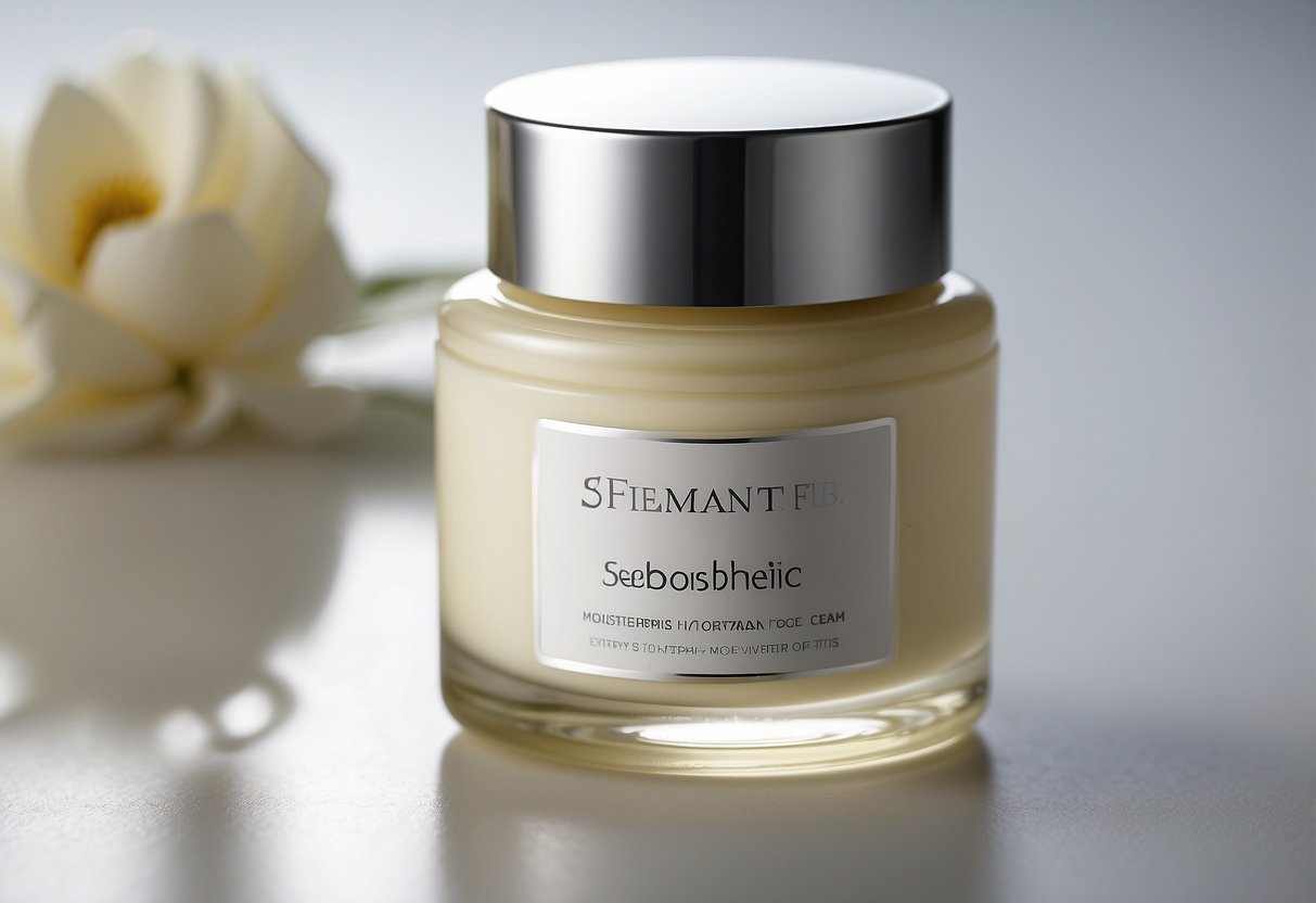 A bottle of moisturizing cream for seborrheic dermatitis on a clean, white surface with a gentle light shining on it